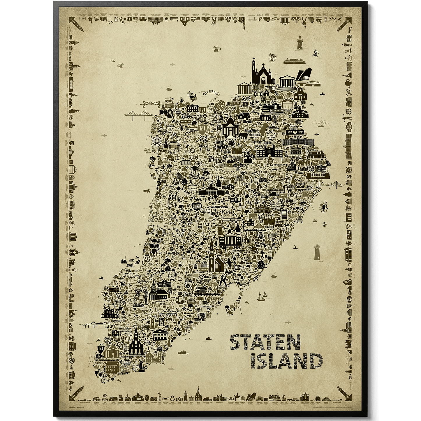 Iconic Staten Island Antique Edition vintage illustrated map poster featuring more than 700 hand-drawn icons. Sepia wall art print celebrating New York City's borough of Staten Island, perfect for home décor, office décor, travel lovers and unique gifts.
