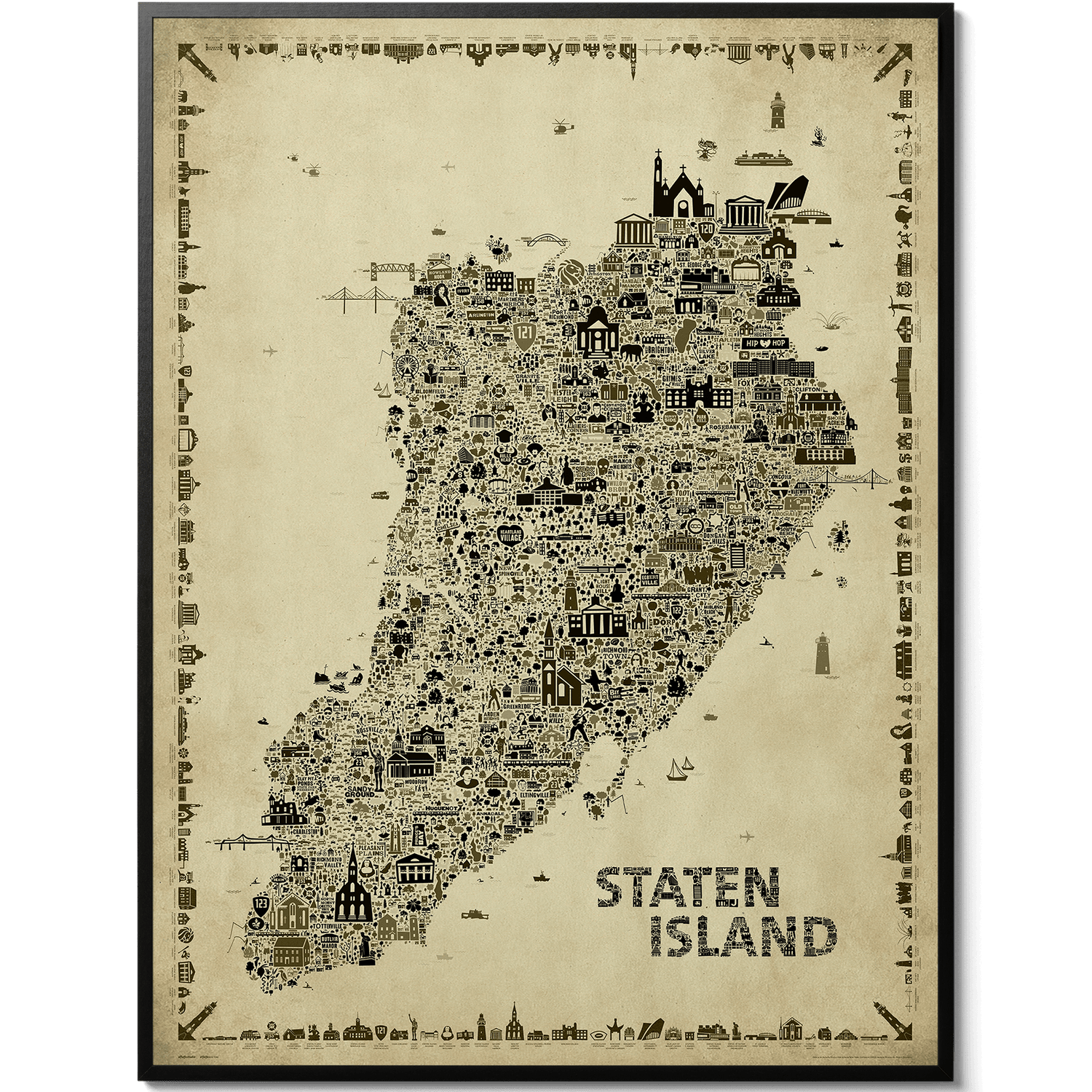 Iconic Staten Island Antique Edition vintage illustrated map poster featuring more than 700 hand-drawn icons. Sepia wall art print celebrating New York City's borough of Staten Island, perfect for home décor, office décor, travel lovers and unique gifts.