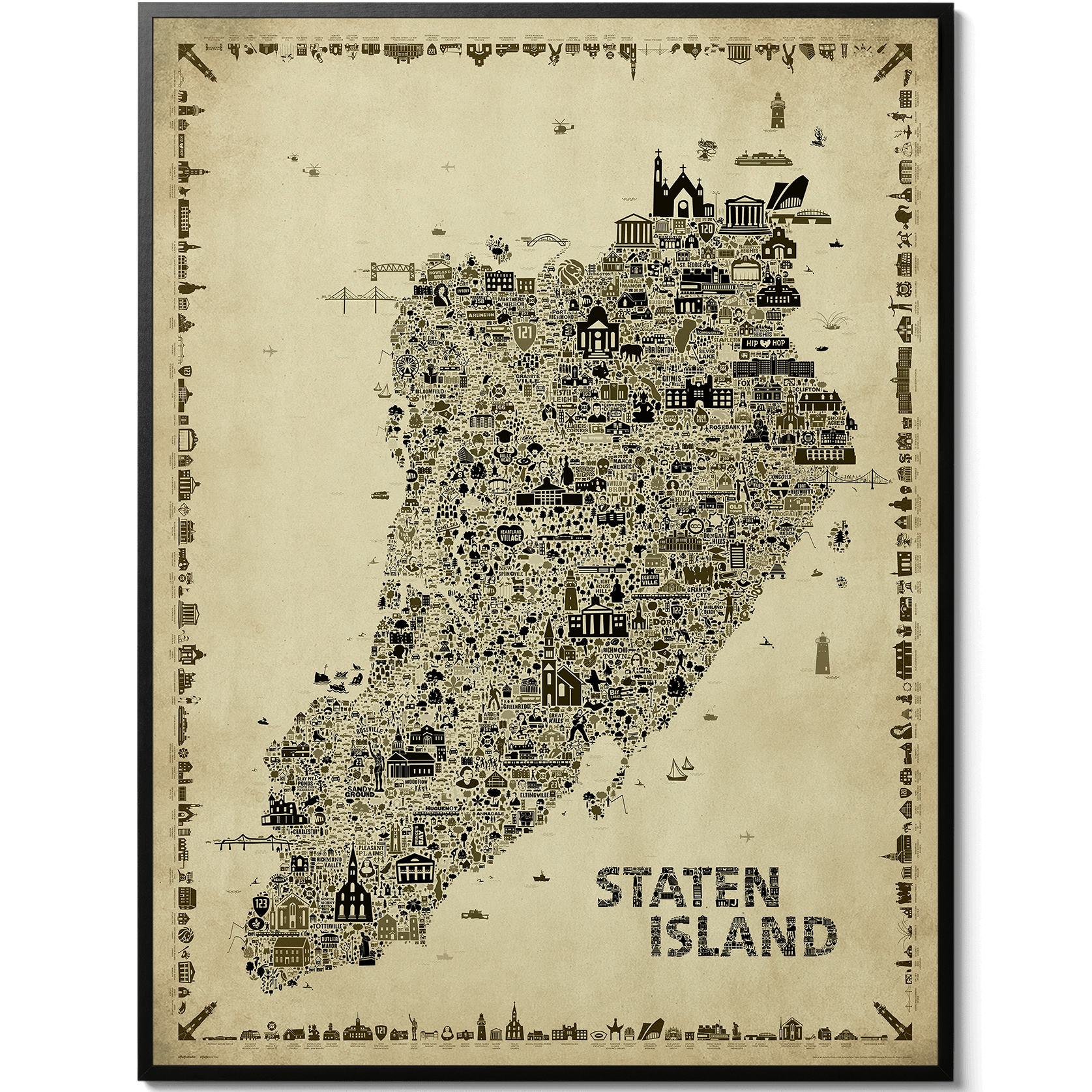 Iconic Staten Island Antique Edition vintage illustrated map poster featuring more than 700 hand-drawn icons. Sepia wall art print celebrating New York City's borough of Staten Island, perfect for home décor, office décor, travel lovers and unique gifts.