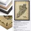Comparison image showing the Iconic Staten Island Antique Edition framed poster with Natural Oak, Black Ash and White Ash frame options, premium matte paper, hardwood frame construction, shatterproof plexiglass and ready-to-hang hardware for vintage New York wall art.