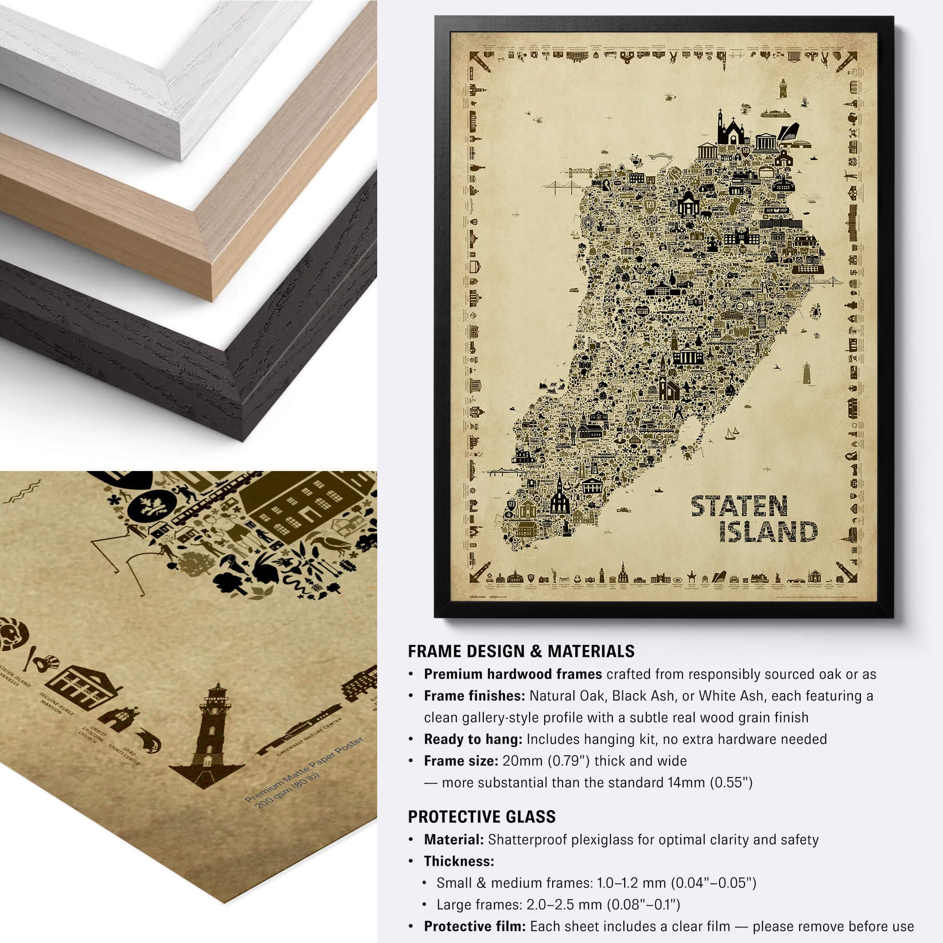 Comparison image showing the Iconic Staten Island Antique Edition framed poster with Natural Oak, Black Ash and White Ash frame options, premium matte paper, hardwood frame construction, shatterproof plexiglass and ready-to-hang hardware for vintage New York wall art.
