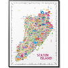 Colorful map of Staten Island with various icons on a white background