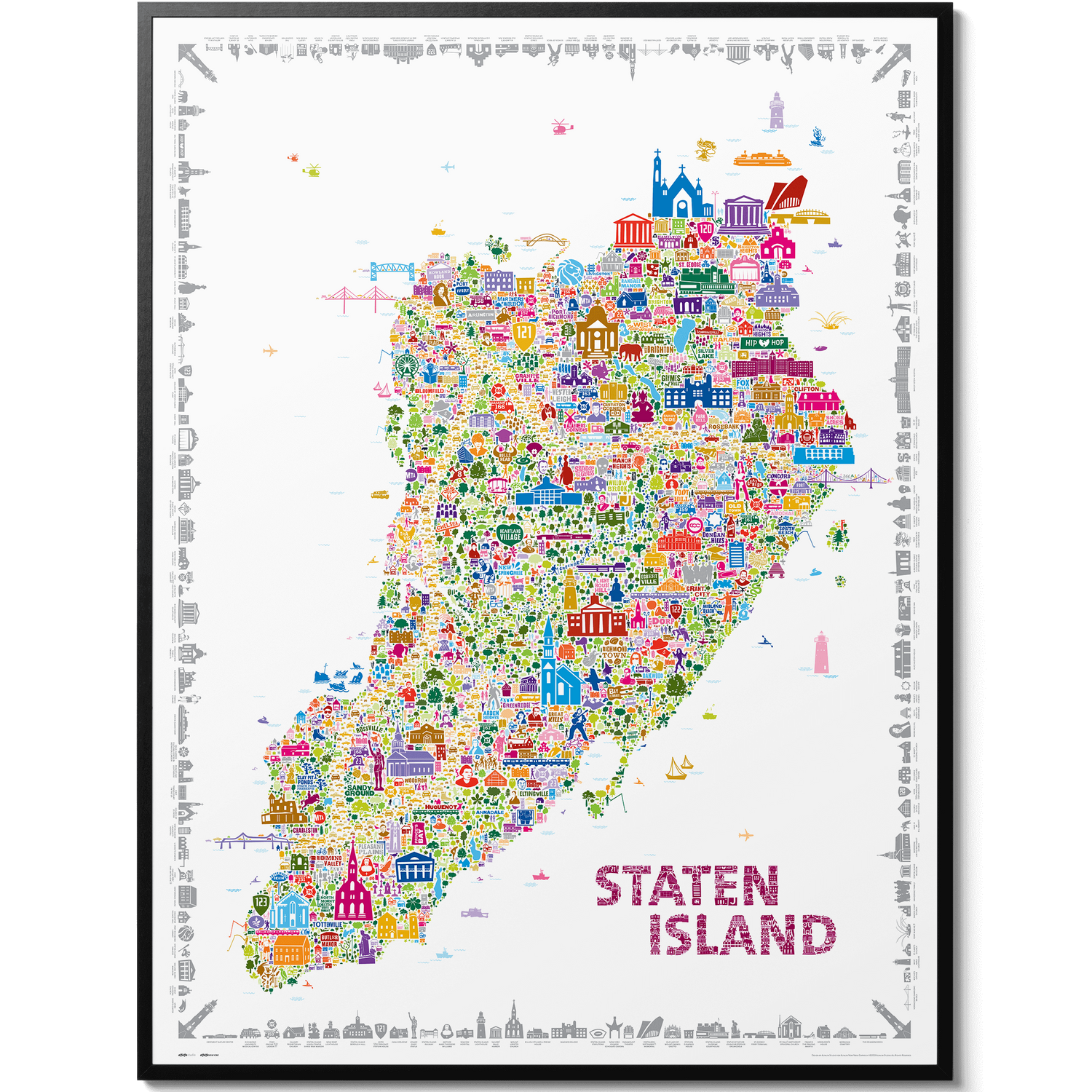 Colorful map of Staten Island with various icons on a white background