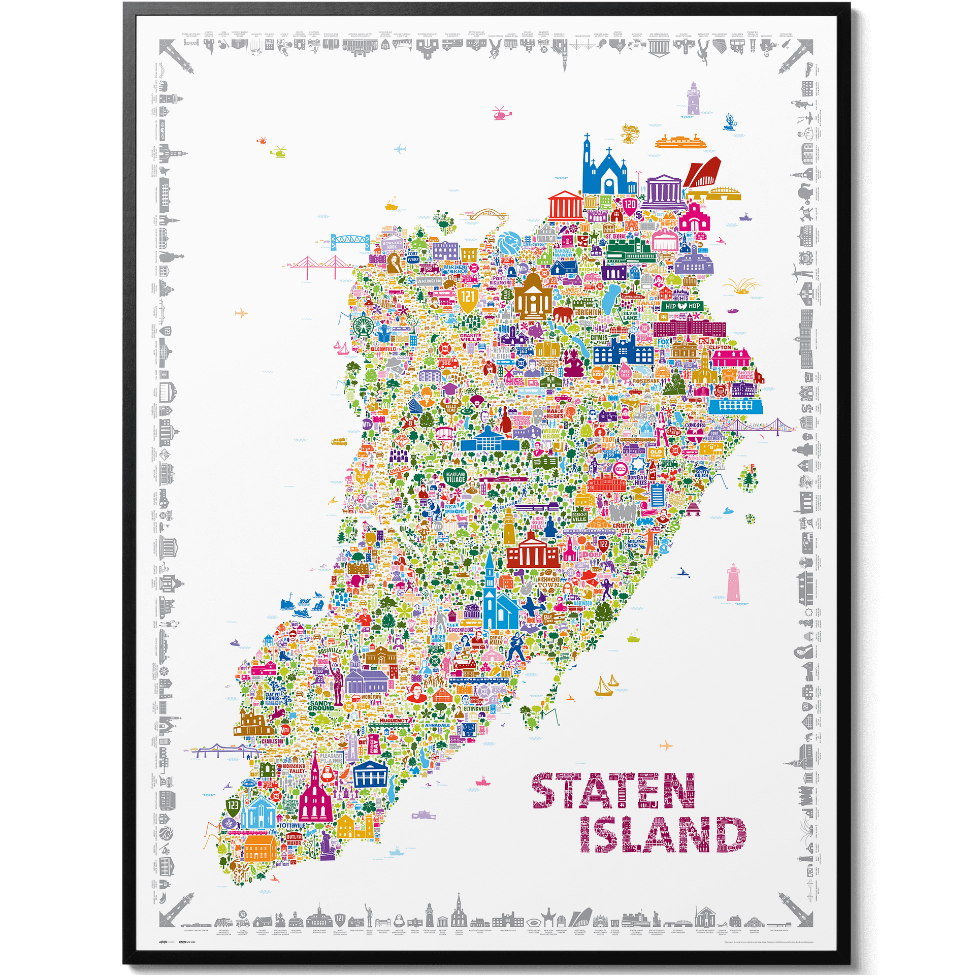 Colorful map of Staten Island with various icons on a white background