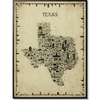 Iconic Texas Antique Edition poster featuring a vintage sepia illustrated map of the Lone Star State in a sleek black gallery frame. Detailed Texas wall art with 600+ hand-drawn landmarks, cities, architecture, wildlife, history, and cultural icons. A unique old-world travel map print, designer home décor, Texas souvenir, and thoughtful gift.