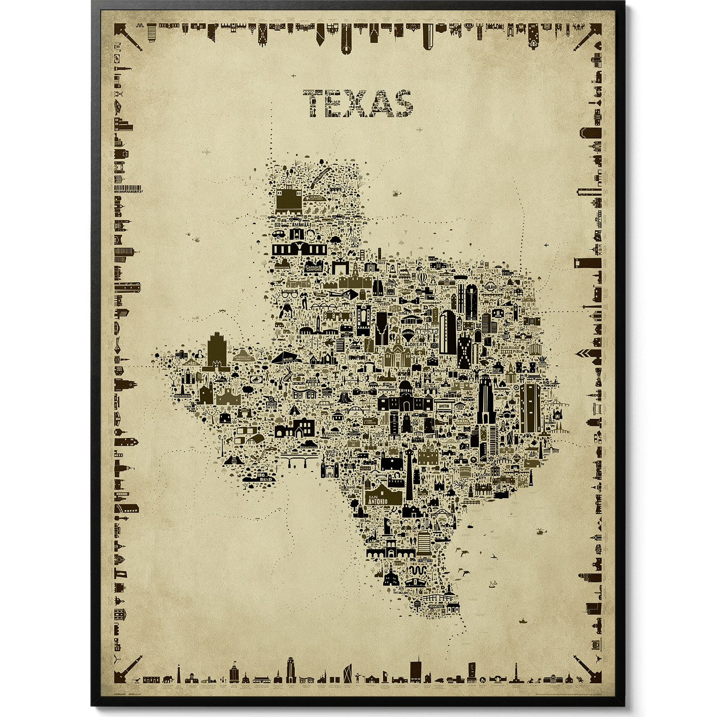 Iconic Texas Antique Edition poster featuring a vintage sepia illustrated map of the Lone Star State in a sleek black gallery frame. Detailed Texas wall art with 600+ hand-drawn landmarks, cities, architecture, wildlife, history, and cultural icons. A unique old-world travel map print, designer home décor, Texas souvenir, and thoughtful gift.