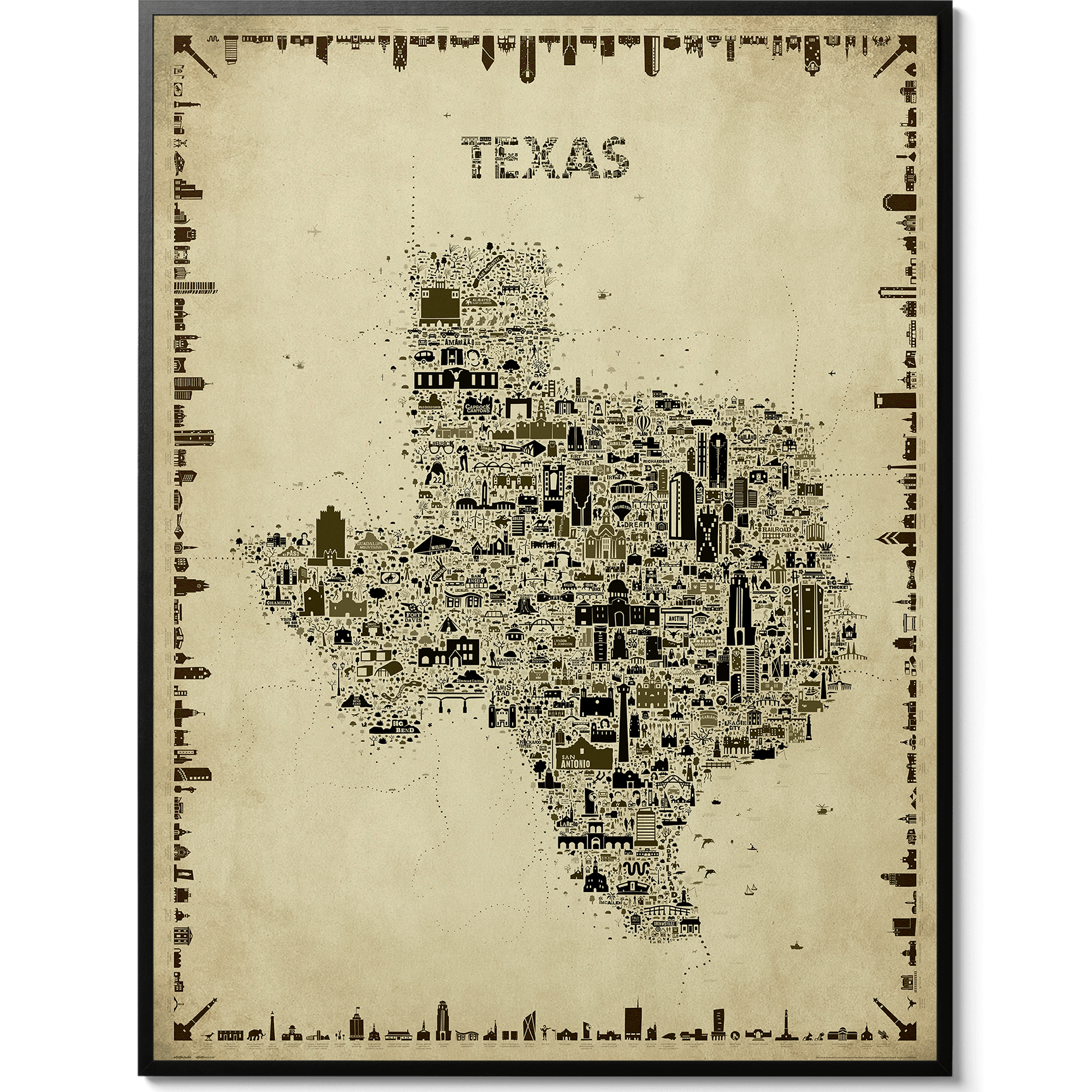 Iconic Texas Antique Edition poster featuring a vintage sepia illustrated map of the Lone Star State in a sleek black gallery frame. Detailed Texas wall art with 600+ hand-drawn landmarks, cities, architecture, wildlife, history, and cultural icons. A unique old-world travel map print, designer home décor, Texas souvenir, and thoughtful gift.