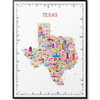 Colorful map of Texas with icons on a white background