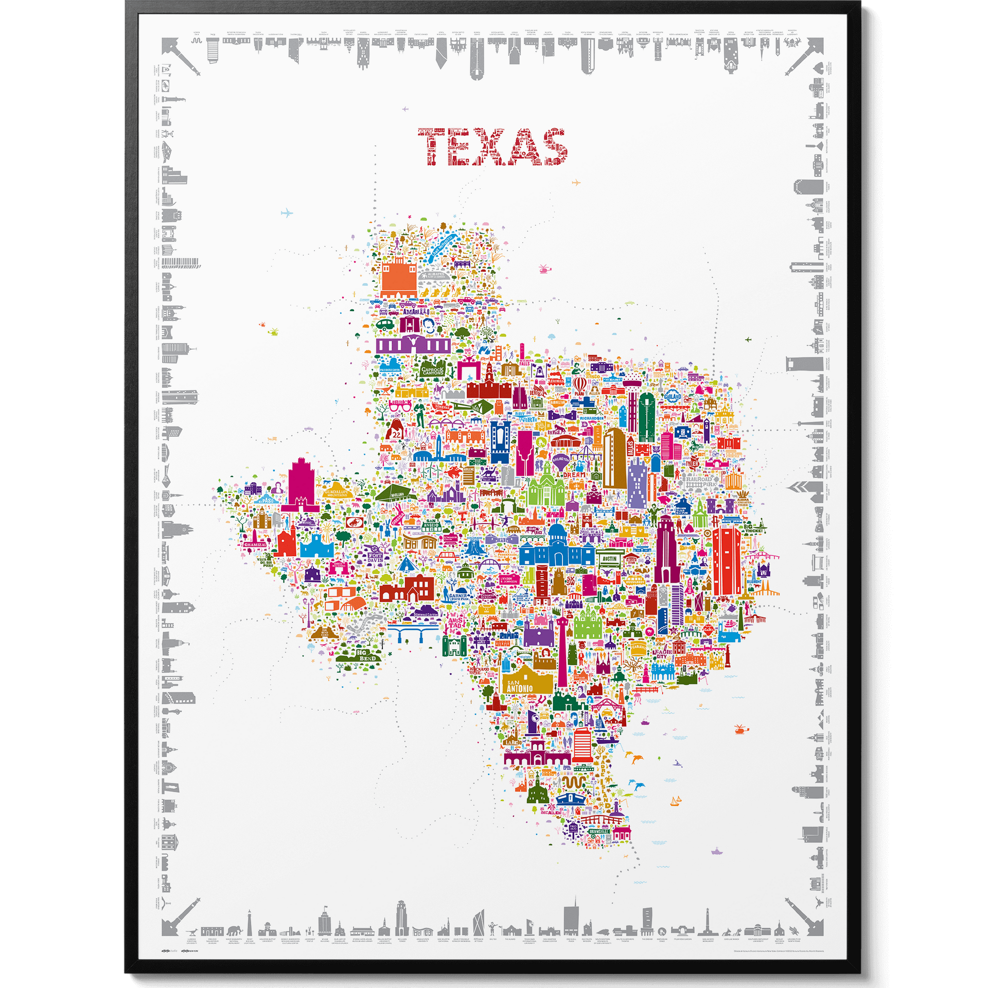 Colorful map of Texas with icons on a white background