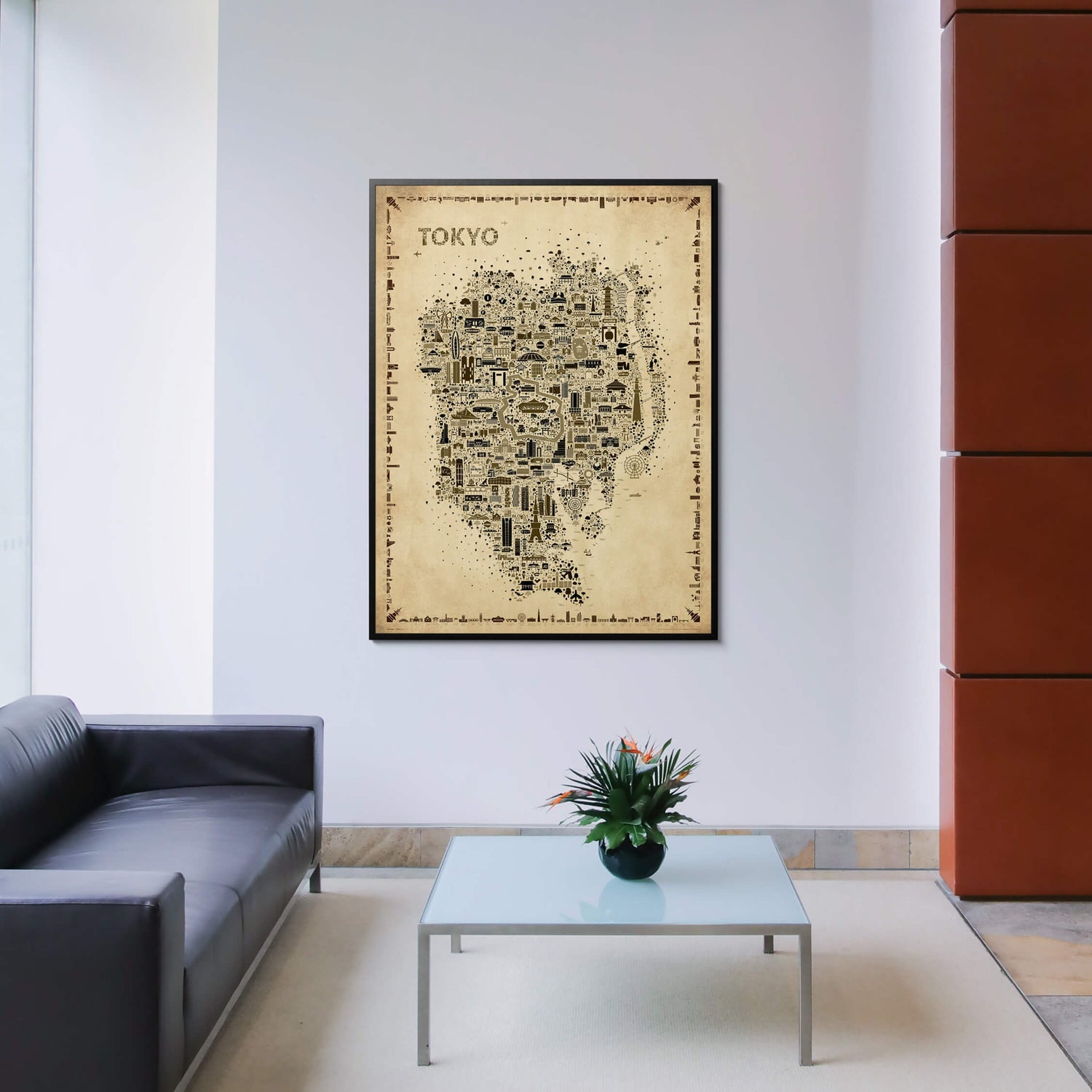 Iconic Tokyo Antique map poster displayed in an elegant corporate lobby with black leather seating and minimalist décor
