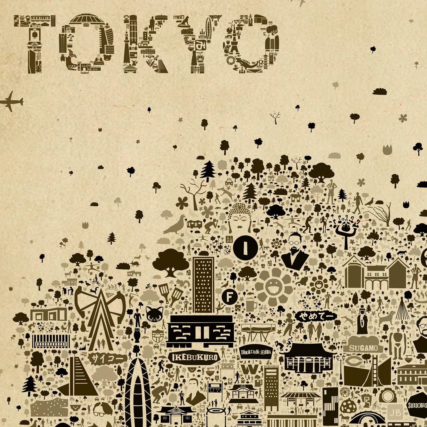 Detailed close-up of the Iconic Tokyo Antique poster featuring Ikebukuro, Sugamo, and the word TOKYO formed from tiny hand-drawn icons