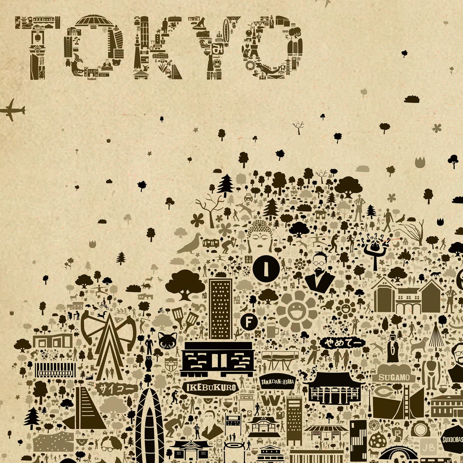 Detailed close-up of the Iconic Tokyo Antique poster featuring Ikebukuro, Sugamo, and the word TOKYO formed from tiny hand-drawn icons