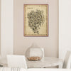 Iconic Tokyo Antique map poster in a dark wood frame displayed in a dining room with warm neutral tones and marble table