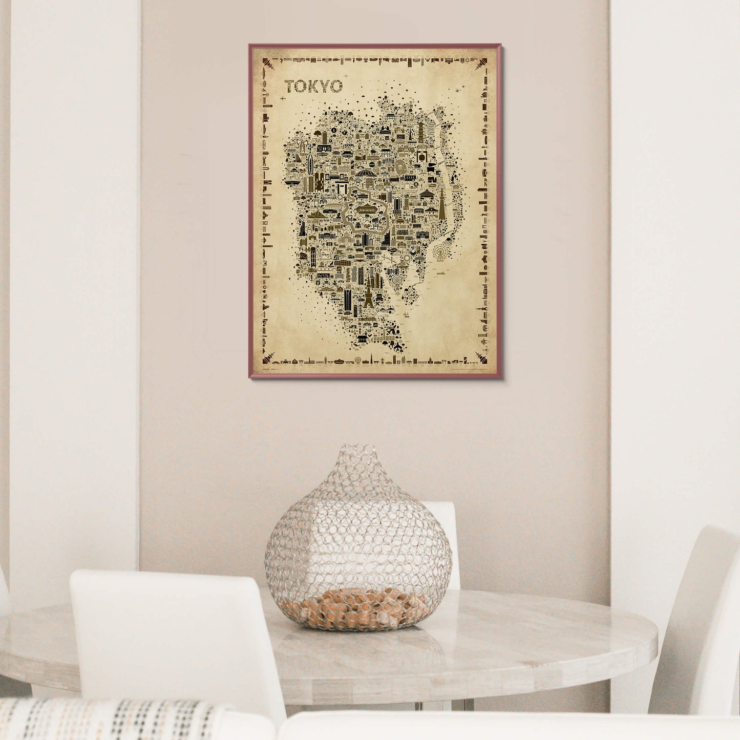 Iconic Tokyo Antique map poster in a dark wood frame displayed in a dining room with warm neutral tones and marble table
