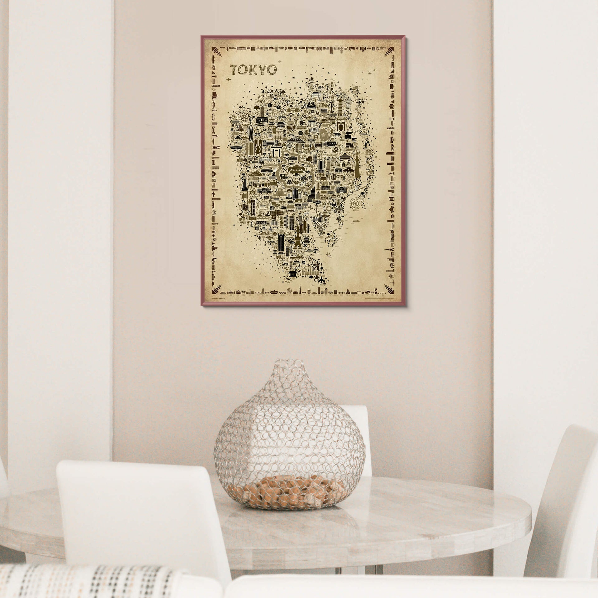 Iconic Tokyo Antique map poster in a dark wood frame displayed in a dining room with warm neutral tones and marble table