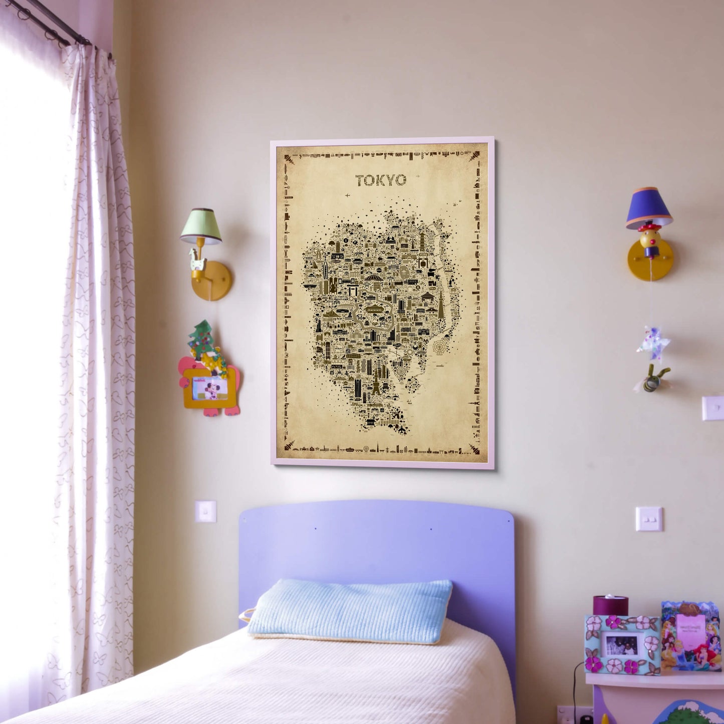 Iconic Tokyo Antique map poster styled in a kid’s room with pastel colors and a soft pink frame, adding warmth and character to the space