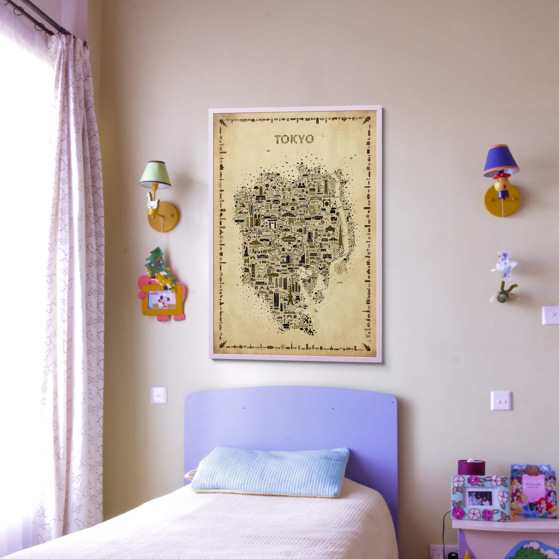 Iconic Tokyo Antique map poster styled in a kid’s room with pastel colors and a soft pink frame, adding warmth and character to the space