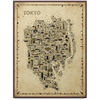 Iconic Tokyo Antique map poster in sepia tones, vintage-style illustrated city map wall art displayed in a burgundy gallery frame on a white background