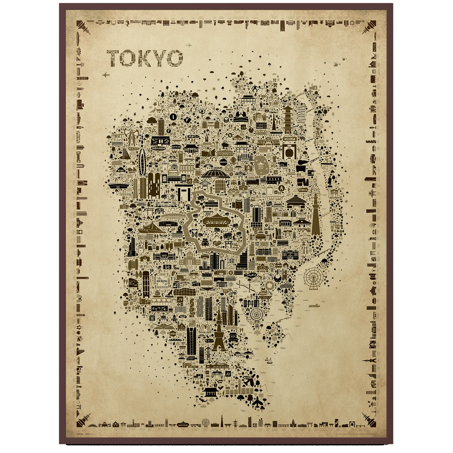 Iconic Tokyo Antique map poster in sepia tones, vintage-style illustrated city map wall art displayed in a burgundy gallery frame on a white background