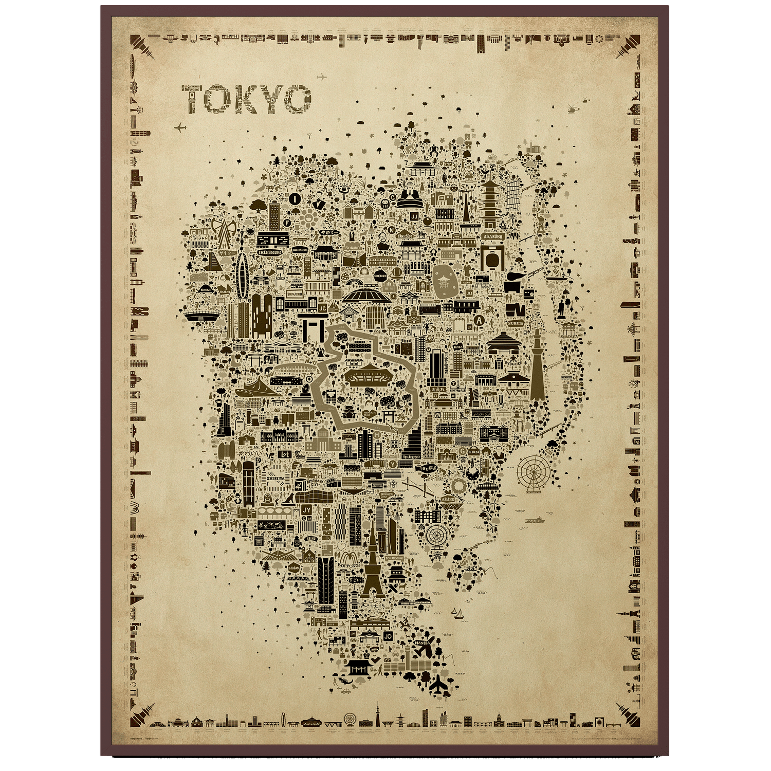 Iconic Tokyo Antique map poster in sepia tones, vintage-style illustrated city map wall art displayed in a burgundy gallery frame on a white background