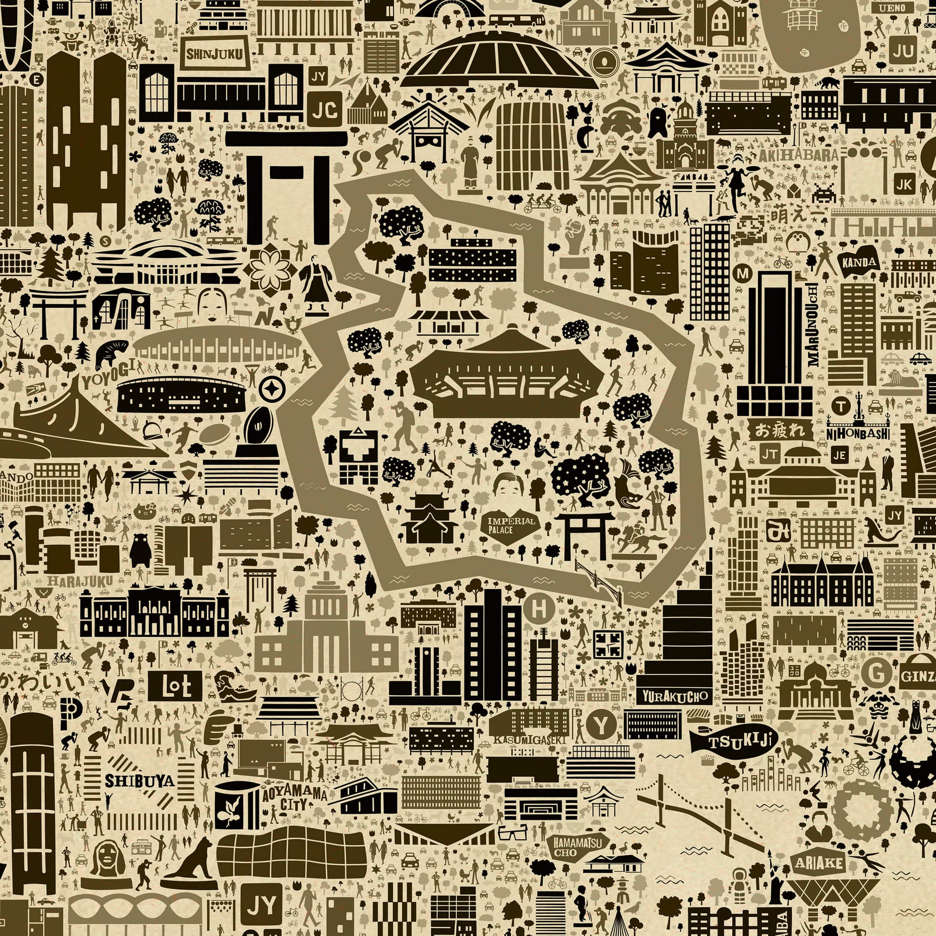 Close-up of the Iconic Tokyo Antique map poster showing the Imperial Palace, Chiyoda district, and historic Edo Castle grounds in detailed sepia illustration