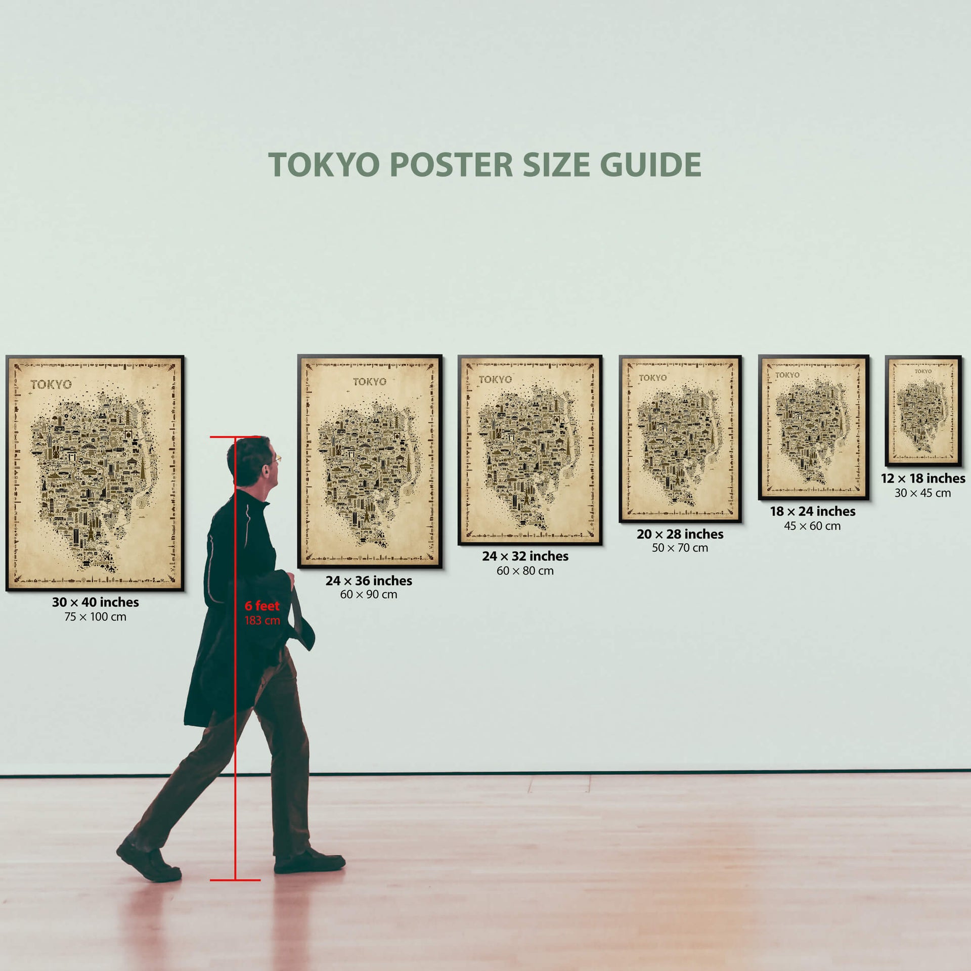 Iconic Tokyo Antique map poster displayed in six framed sizes with a six-foot-tall man for scale, showing size options in inches and centimeters