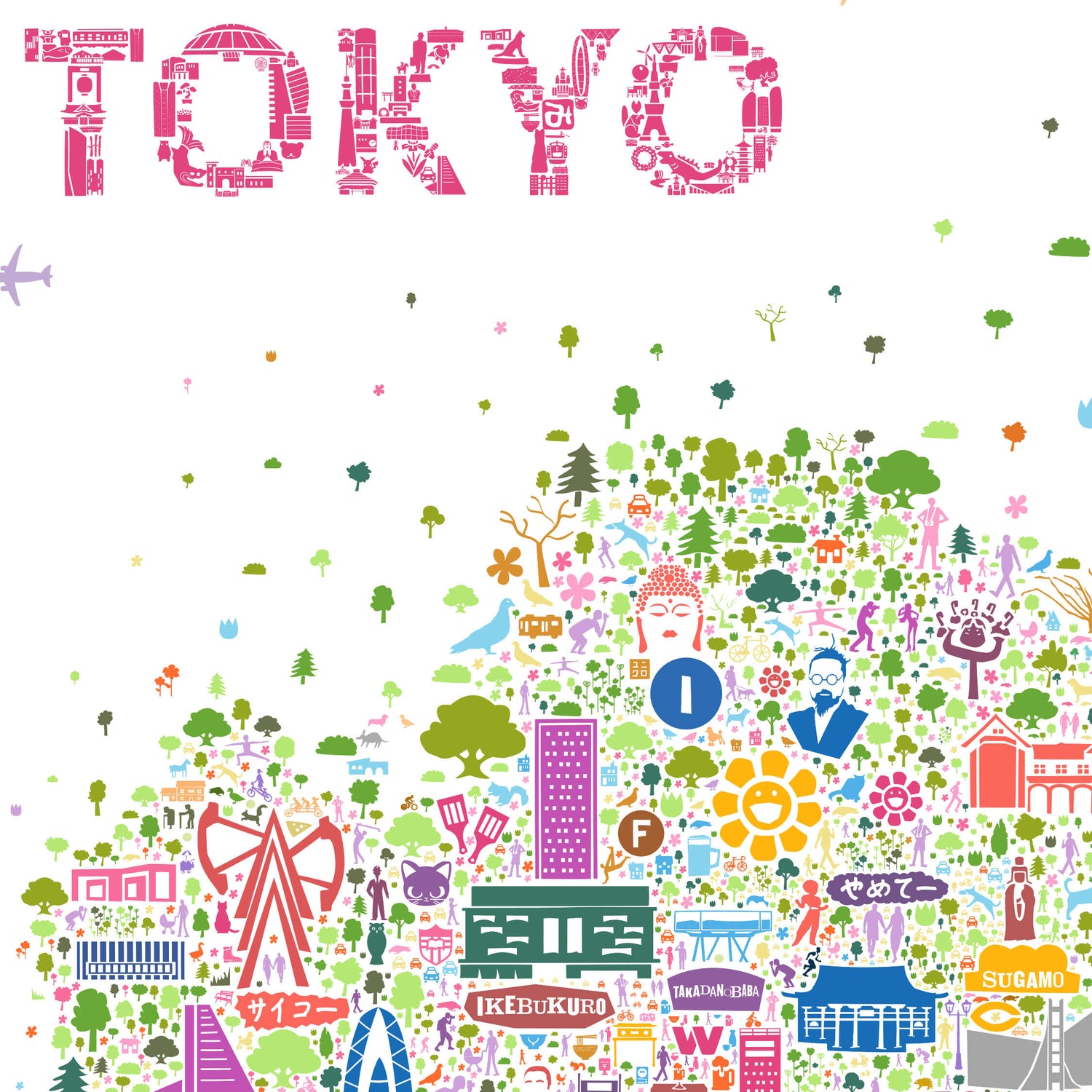 Detailed close-up of northwest Tokyo map poster featuring Ikebukuro, Sugamo, Takadanobaba, and typographic TOKYO title composed of tiny illustrated icons