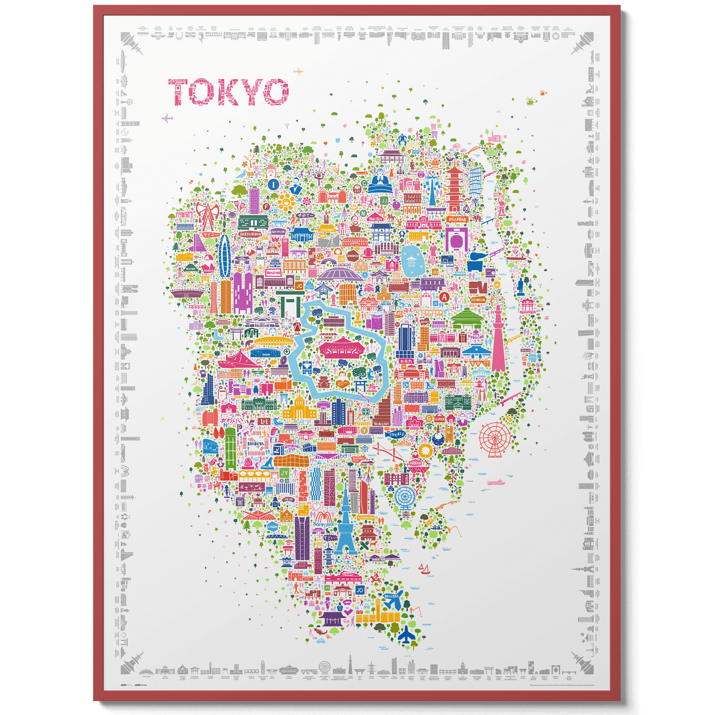 Iconic Tokyo map poster artwork in a sleek red gallery-style frame, colorful illustrated city map wall art inspired by Tokyo Japan, modern travel décor and designer home artwork