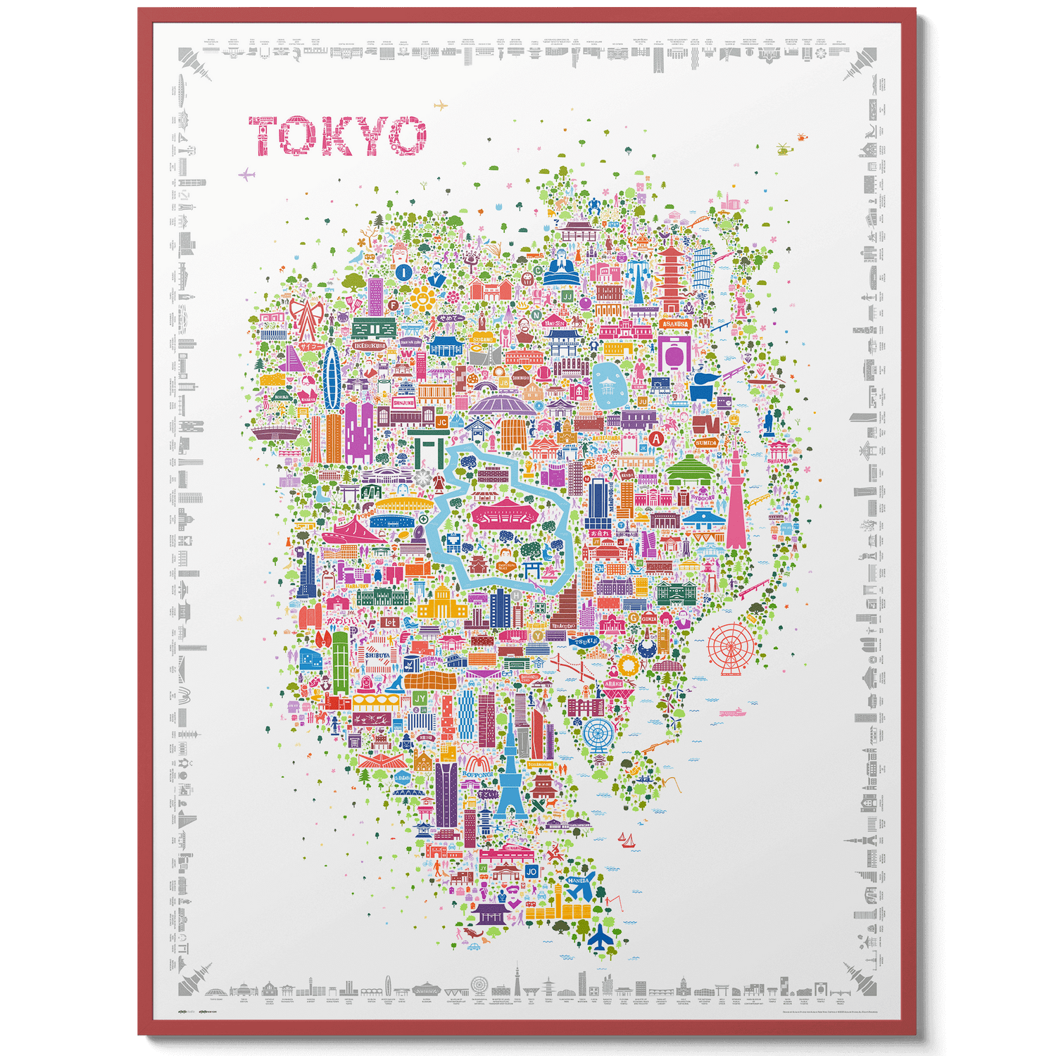 Iconic Tokyo map poster artwork in a sleek red gallery-style frame, colorful illustrated city map wall art inspired by Tokyo Japan, modern travel décor and designer home artwork