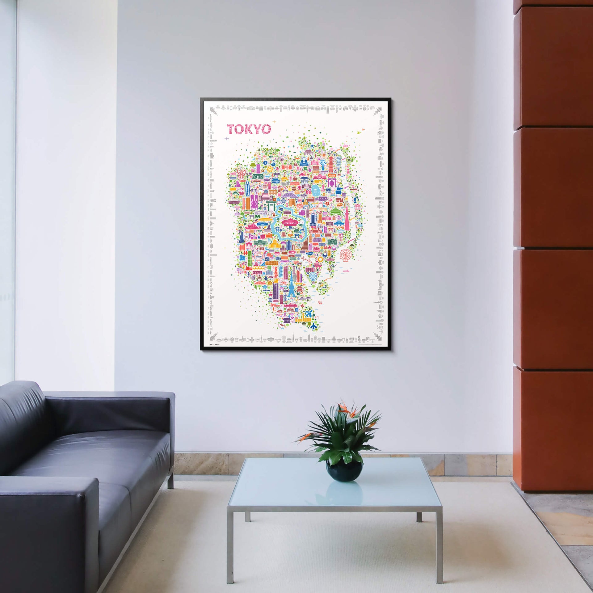Iconic Tokyo map poster displayed in an elegant corporate lobby with black leather sofa and glass coffee table, contemporary city artwork for professional interiors