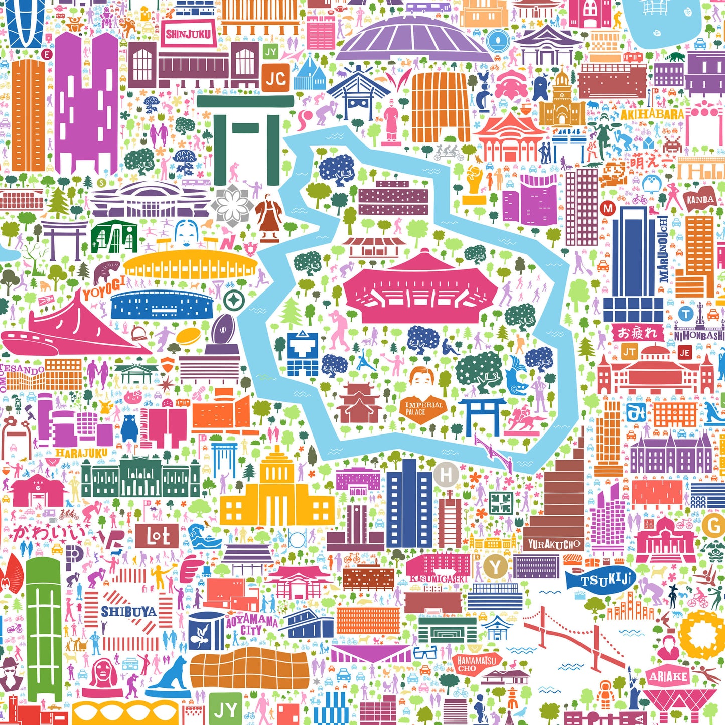 Close-up detail of Iconic Tokyo map poster showing Imperial Palace, Chiyoda Ward, Shinjuku, Shibuya, Akihabara, and historic Edo Castle grounds in an intricate illustrated city map