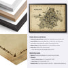 Kolkata Antique illustrated map poster with black, natural and white hardwood frame options and close-up paper and framing details.