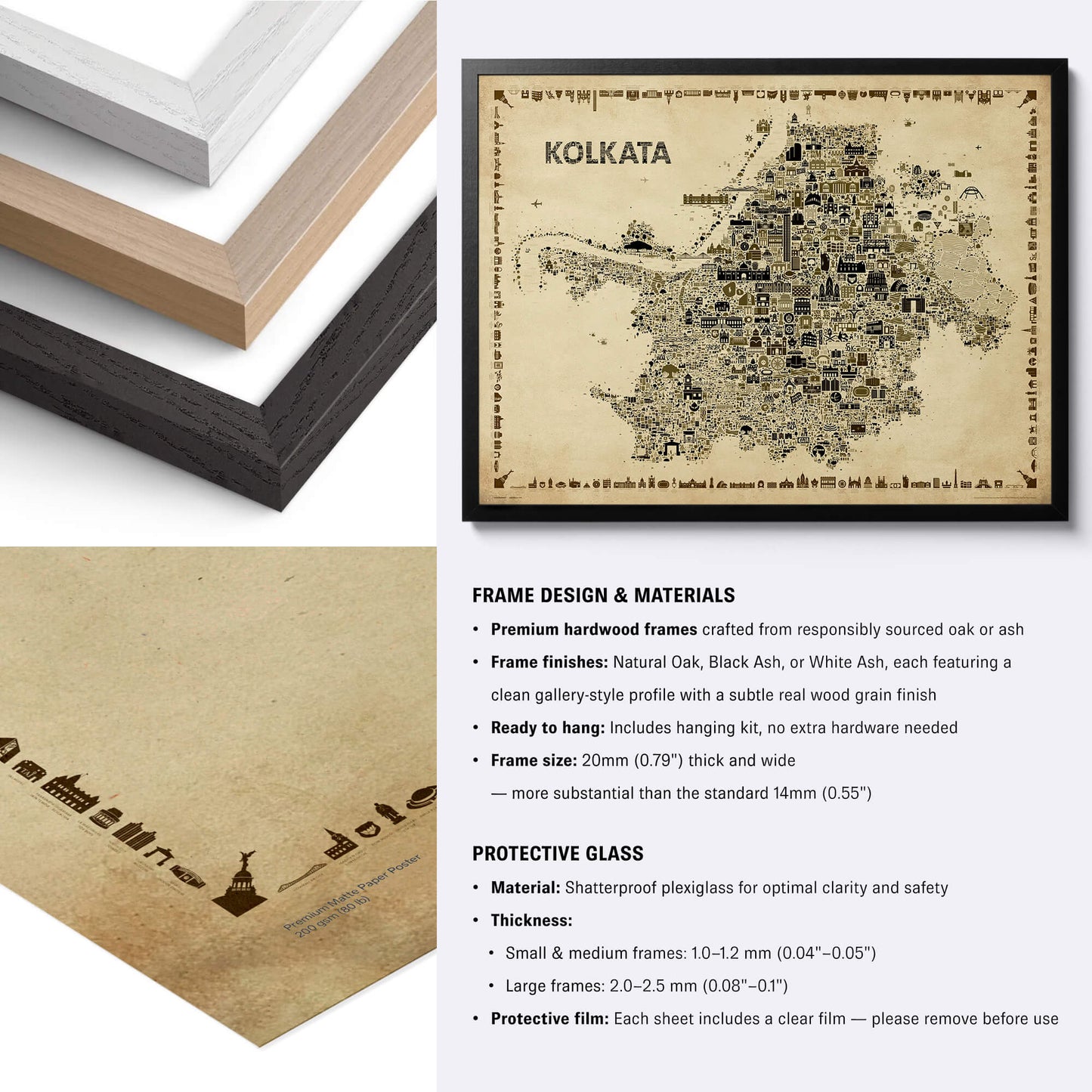 Kolkata Antique illustrated map poster with black, natural and white hardwood frame options and close-up paper and framing details.