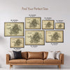 Kolkata Antique map poster size guide showing seven framed print dimensions above a brown leather sofa.