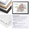 Colorful Kolkata map poster with natural oak, black and white frame options plus detailed paper and plexiglass specifications.