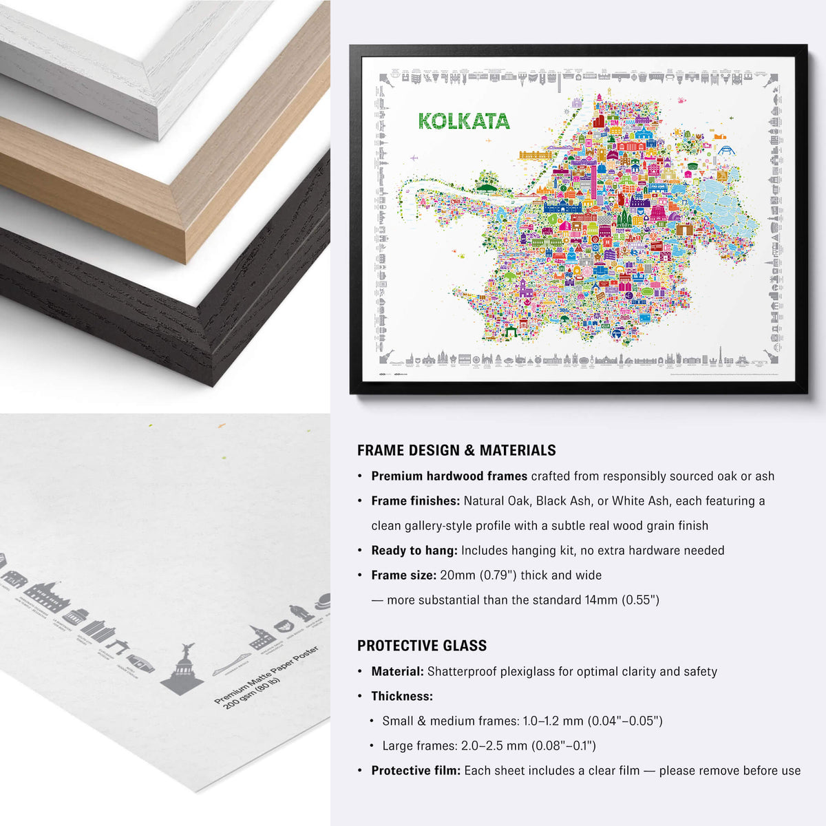 Colorful Kolkata map poster with natural oak, black and white frame options plus detailed paper and plexiglass specifications.