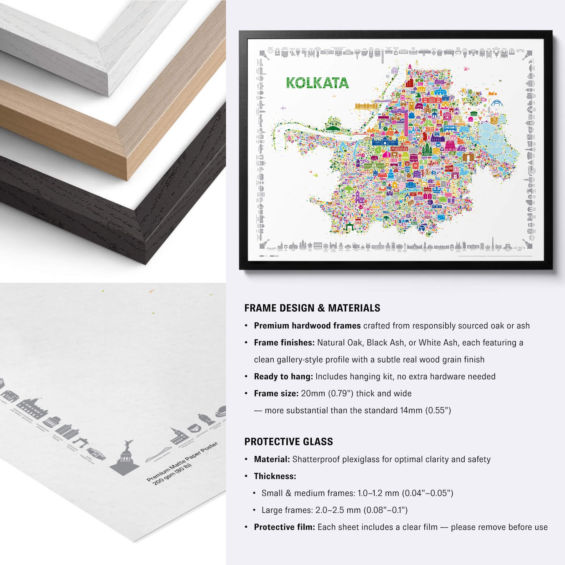 Colorful Kolkata map poster with natural oak, black and white frame options plus detailed paper and plexiglass specifications.