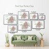 Colorful Kolkata illustrated map poster size guide showing seven framed sizes above a green sofa with plants.