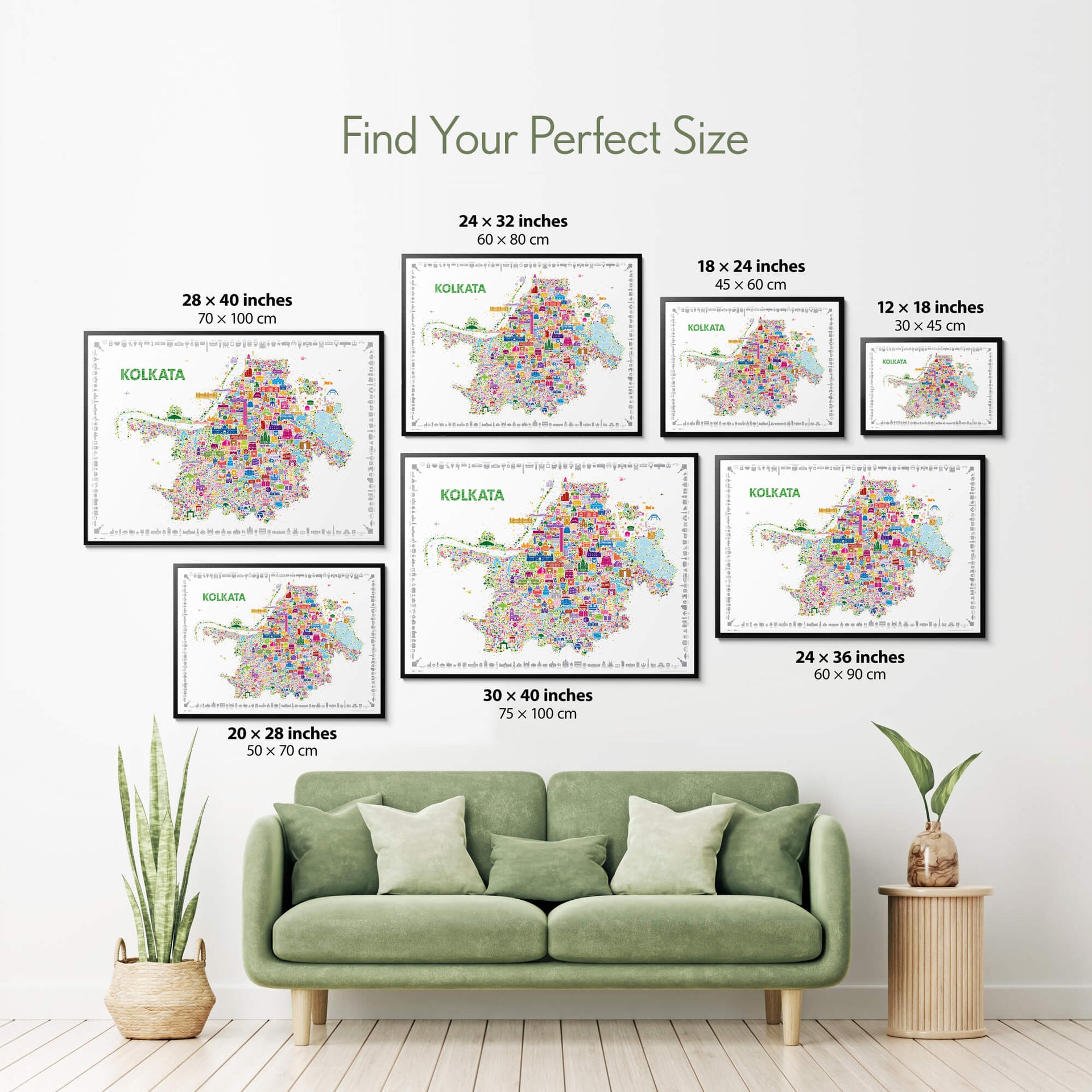 Colorful Kolkata illustrated map poster size guide showing seven framed sizes above a green sofa with plants.