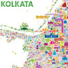 Map of Kolkata made up of colorful icons representing landmarks and attractions.