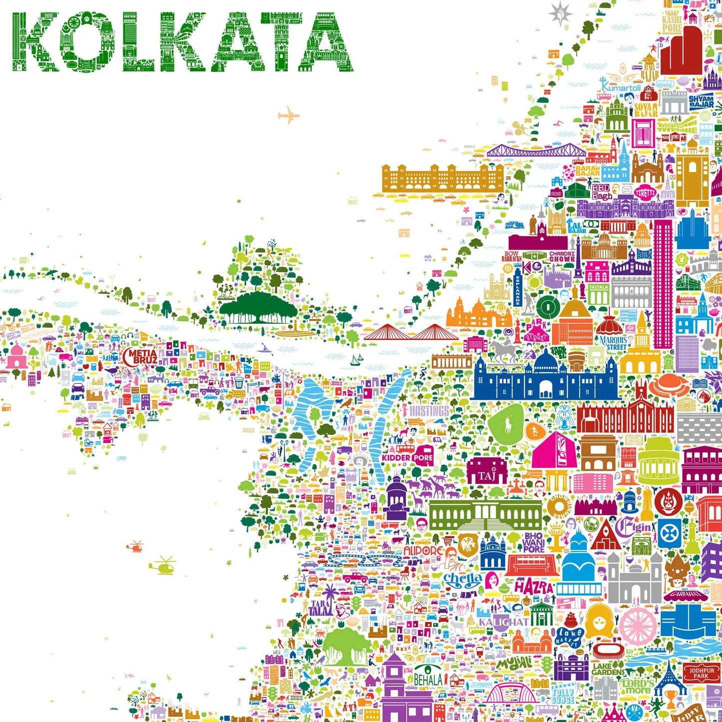 Map of Kolkata made up of colorful icons representing landmarks and attractions.