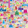 Colorful pattern of various buildings and landmarks on a white background