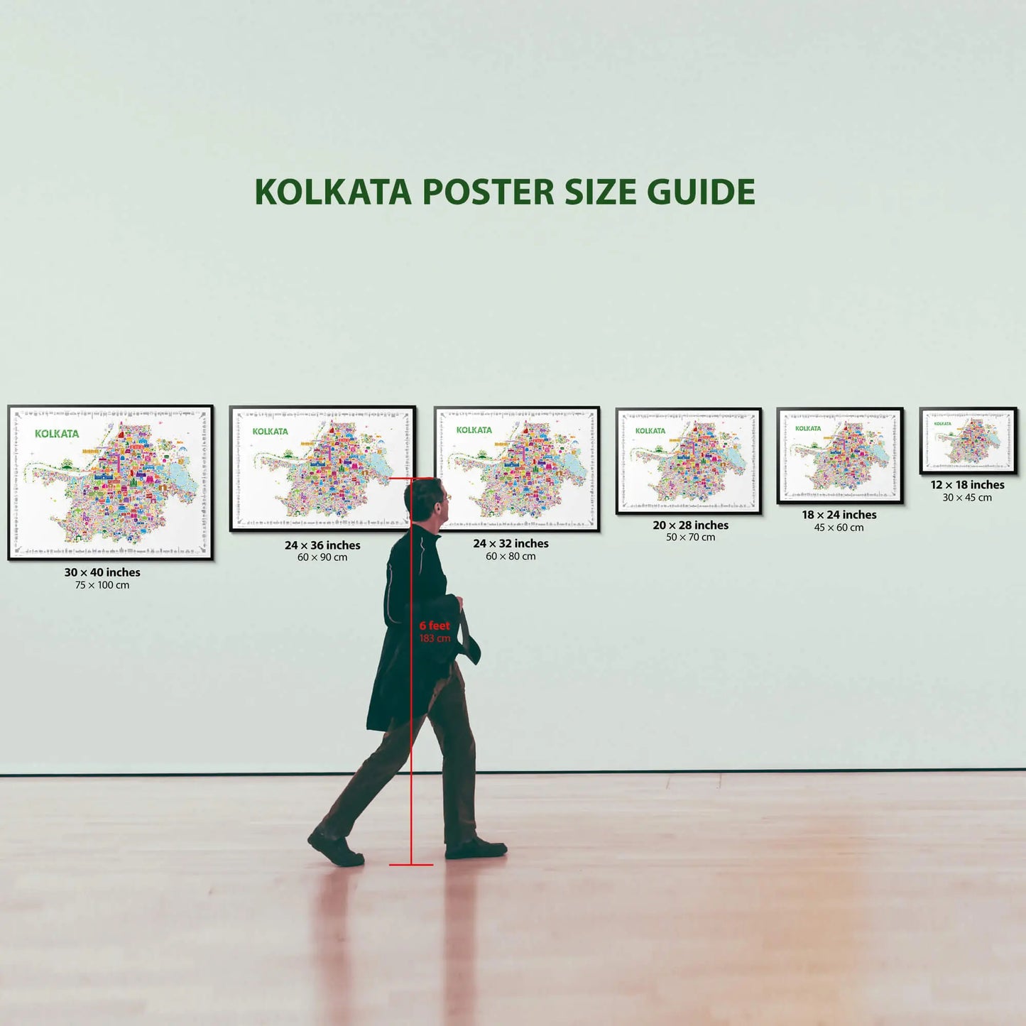 Kolkata poster size guide with a person for scale on a light green background