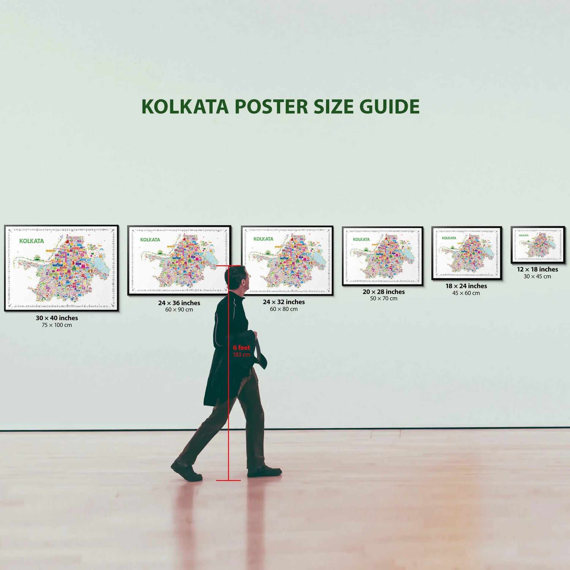 Kolkata poster size guide with a person for scale on a light green background