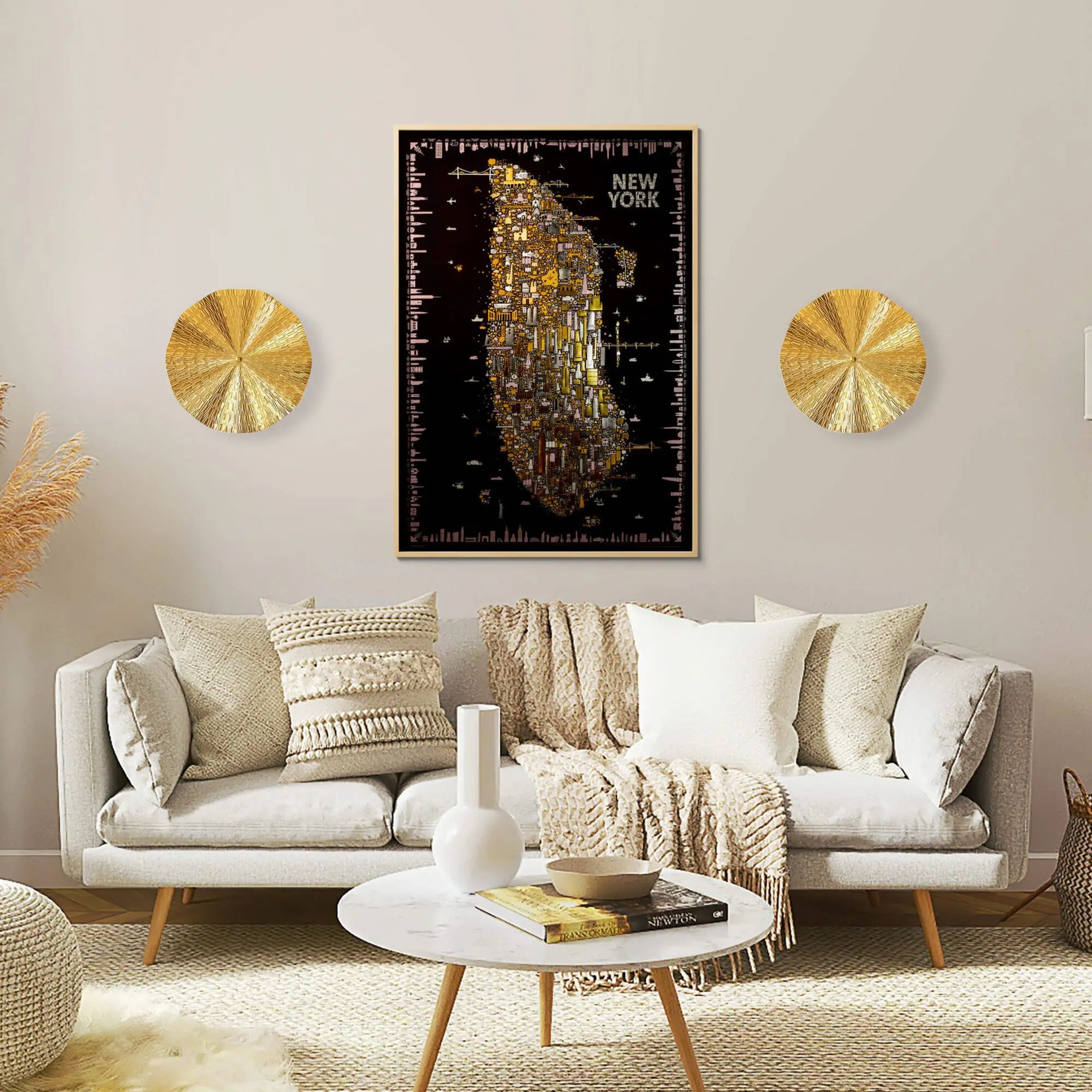 Living room with a sofa, coffee table, and wall art