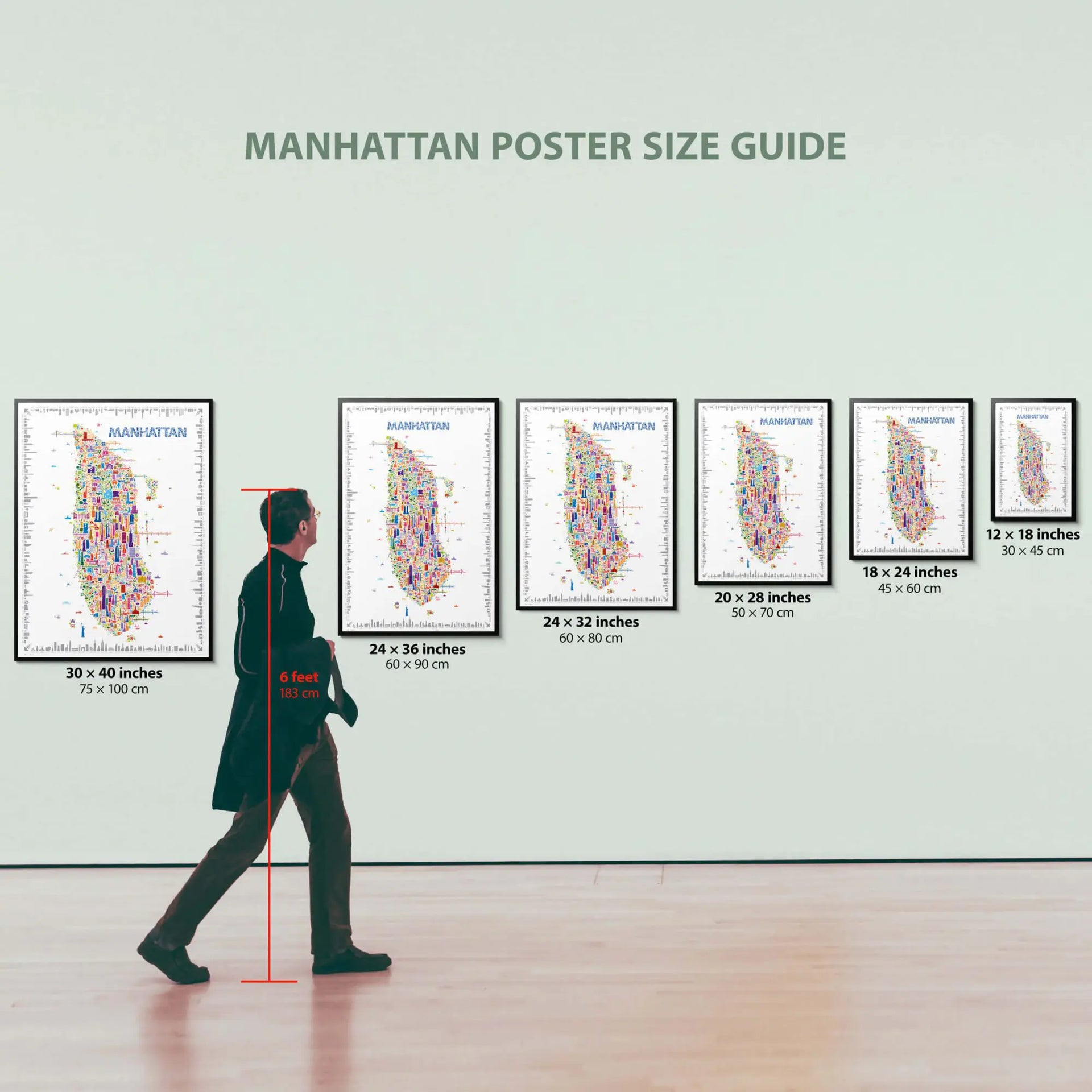 Manhattan poster size guide with a person for scale on a light gray background