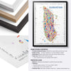 Framed colorful map of Manhattan with frame design and materials information.