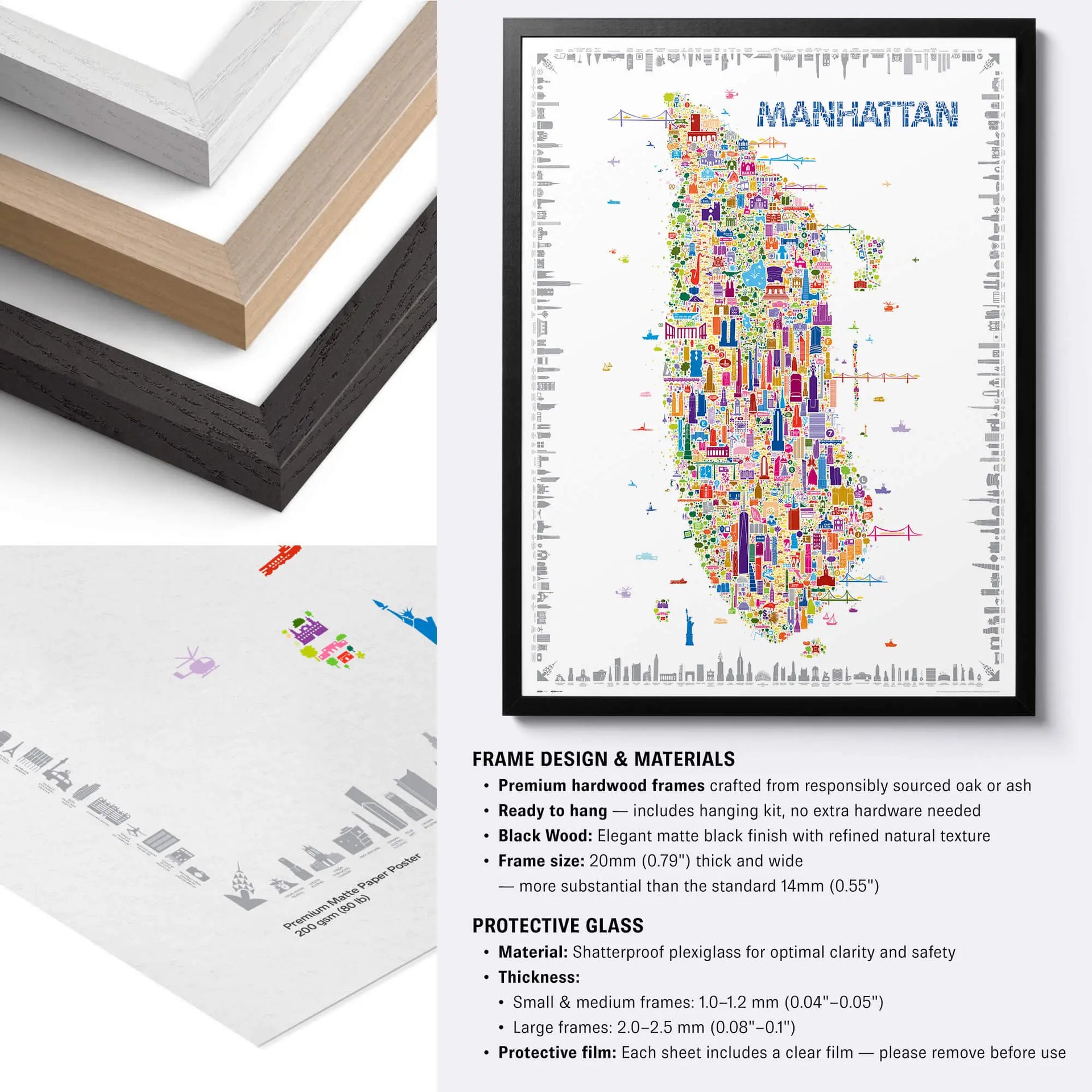 Framed colorful map of Manhattan with frame design and materials information.