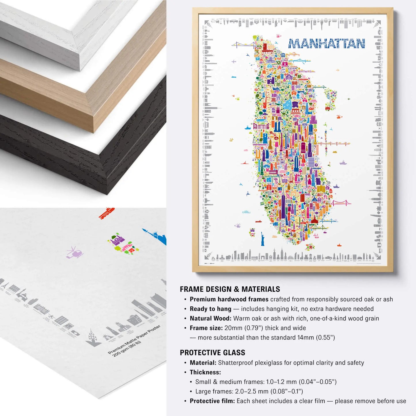 Framed colorful map of Manhattan with frame design and materials information.