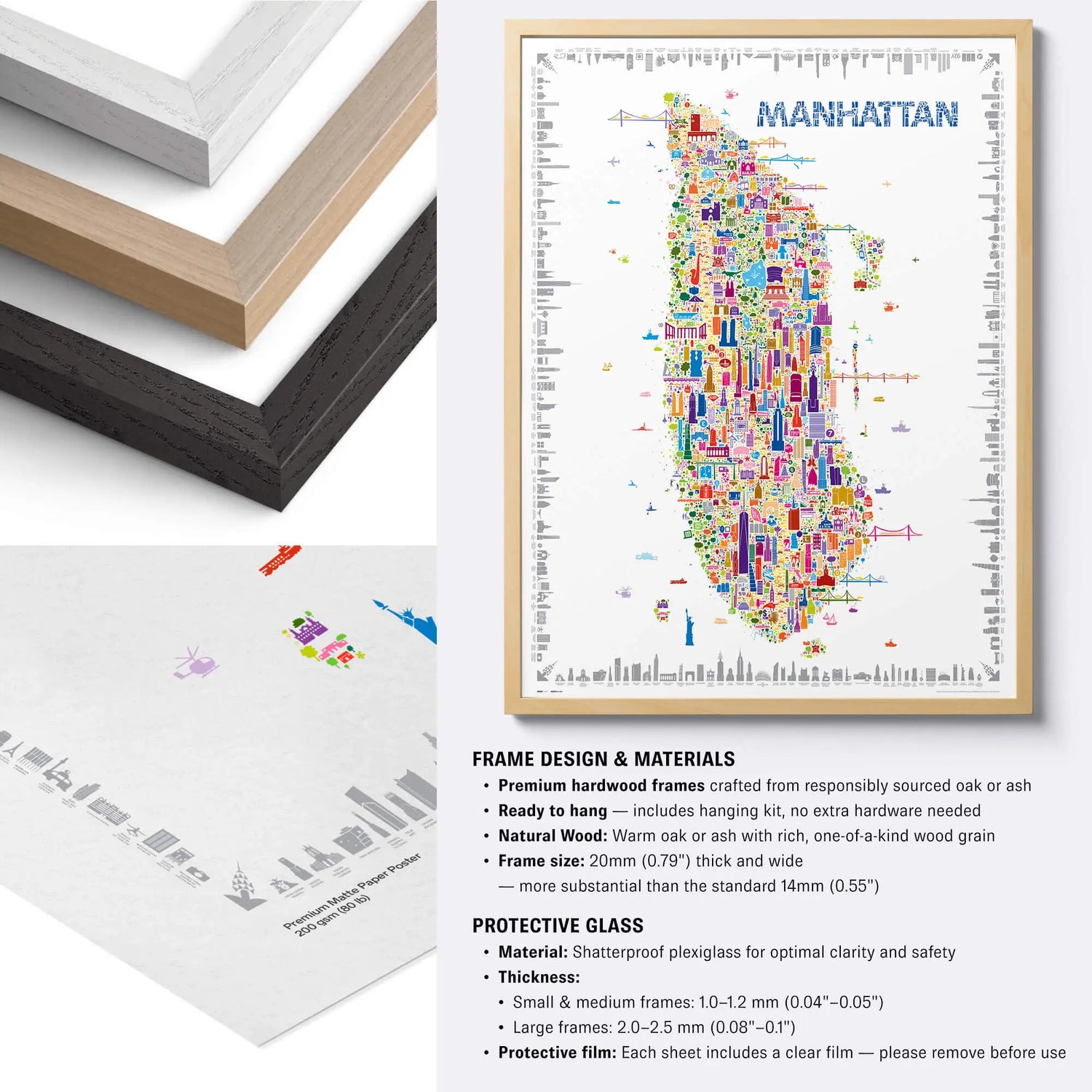 Framed colorful map of Manhattan with frame design and materials information.